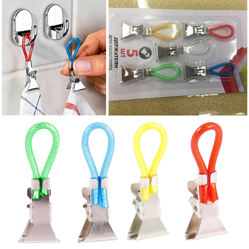 5 Tea Towel Hanging Clips Clip on Hooks Loops Hand Towel Hangers Hanging Clothes Pegs For Kitchen Bathroom