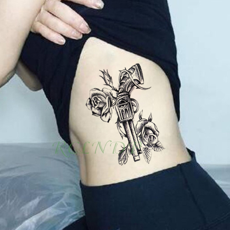 Waterproof Temporary Tattoo Sticker Pistol Gun Rose Flower Fake Tatto Flash Tatoo Hand Arm Foot Tattoos for Girl Women Men