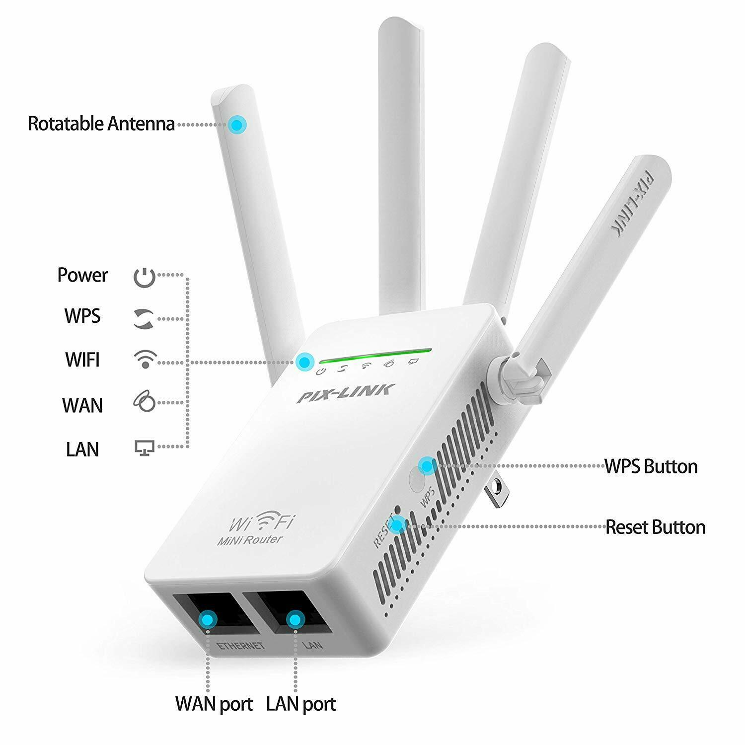 PIXLINK 300Mbps Wireless Routers WiFi Signal Repeater Extender/AP/Router Mode Mini Home Long Rang 4 External Antennas Easy Setup