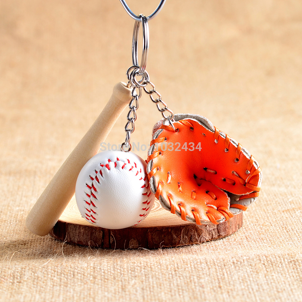 50 pcs/lot Wholesale Mini Baseball glove wooden bat key chains sport Car Key Chain Key Ring Promotion Gift