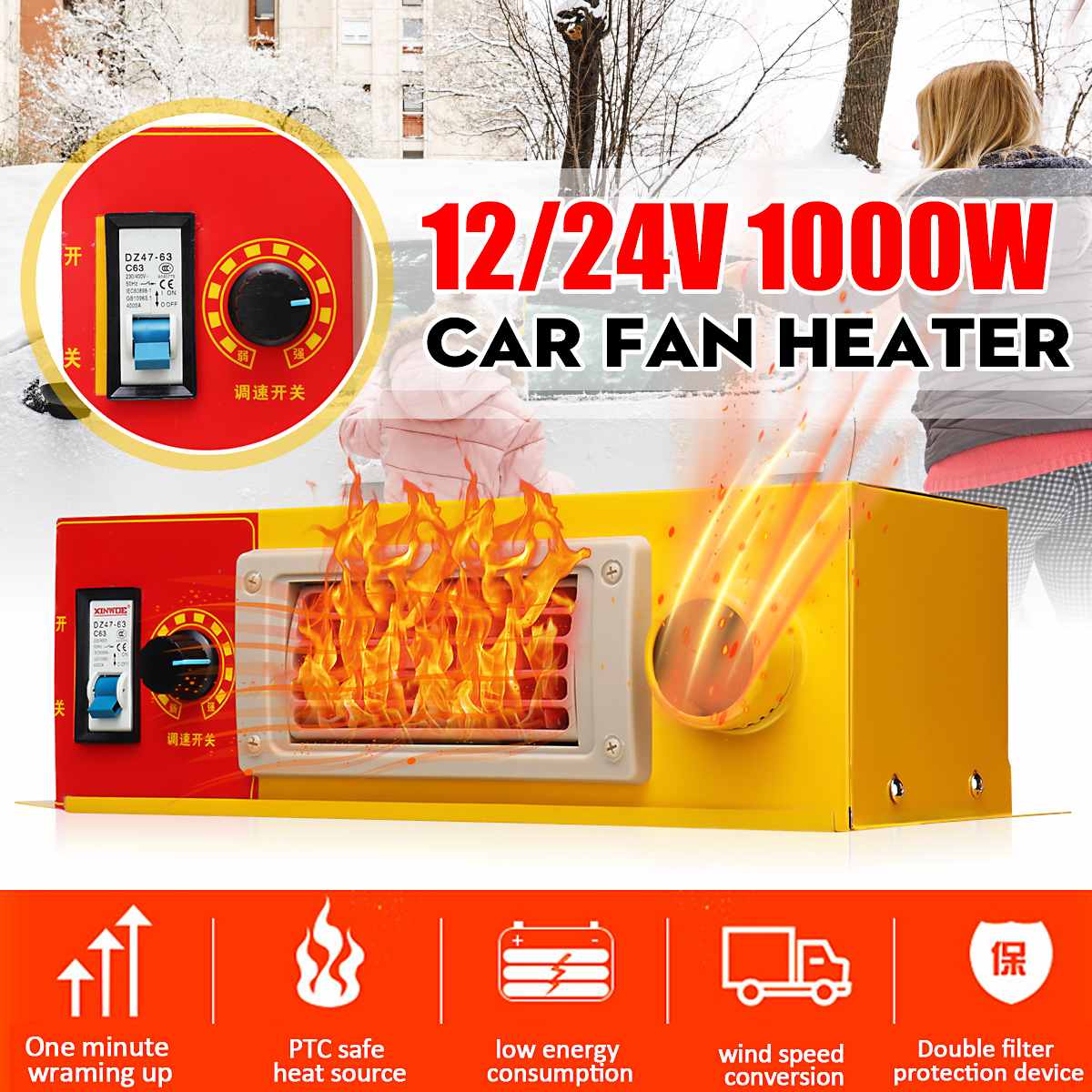 1000W Auto Car Heater Heating Defroster 12V/24V Car Electric Fan Winter Warmer Windshield Defroster Demister for Truck Caravan