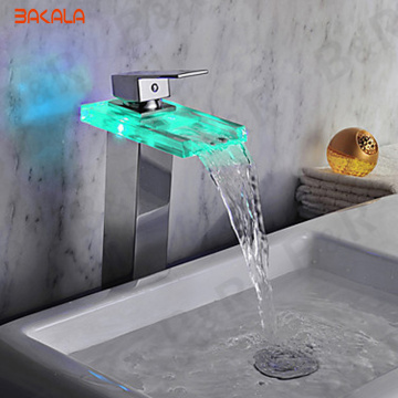 BAKALA Power LED Glass Torneira Brass Single Handle Widespread Waterfall Bathroom Sink LED Faucets Chrome Taps