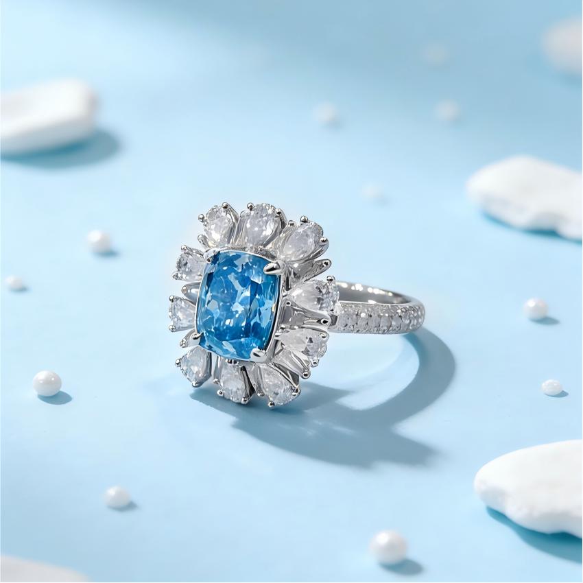 Cushion blue diamond sunburst ring with water drop halo