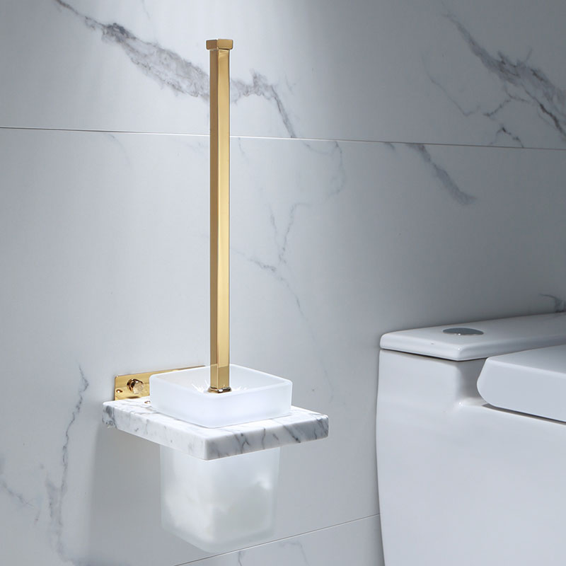 Tuqiu Gold Toilet Brush Holder with Brush Marble and Brass Bathroom Toilet Scrub Cleaning Brush Holder Set Wall Mounted