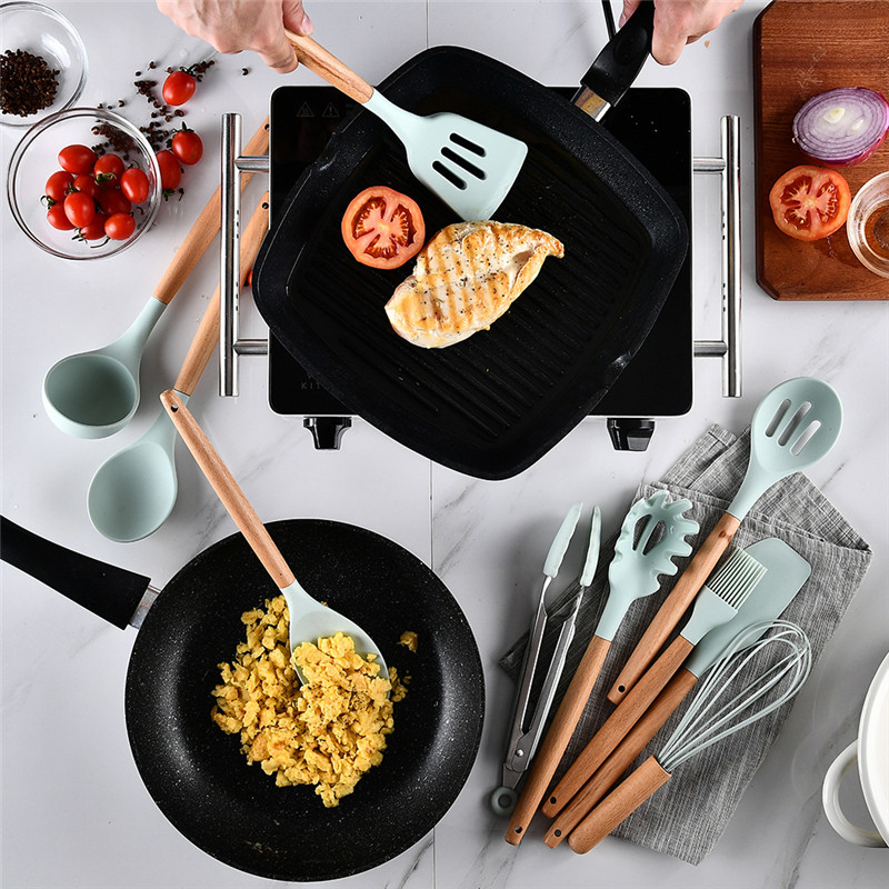 9/11/12PCS Silicone Cooking Utensils Set Non-stick Spatula Shovel Wooden Handle Cooking Tools Set with Storage Box Kitchen Tools