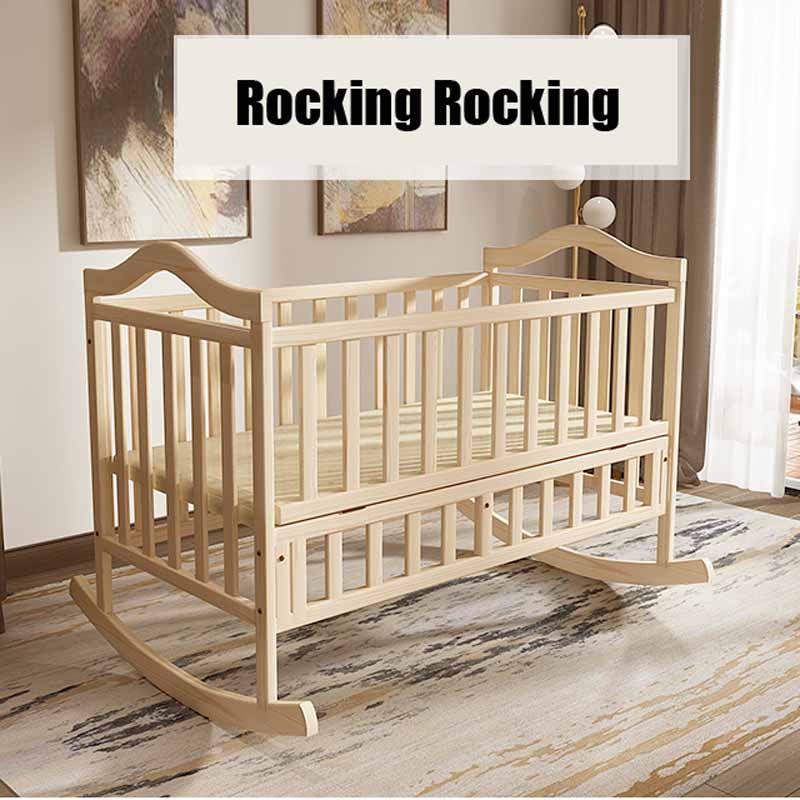 Auto Rocking Baby Cradle, Swing Pine Cribs, No Paint Safety Natural Color Kids Bed With Mosquito Net & Bedding Set