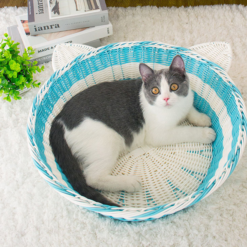 Handcrafted Rattan Wicker Cat Bed Couch Summer Cool Rope Round Beds Houses Pet Nest Kitten Lounge Sofa Condo Kitty Sleep Kennel