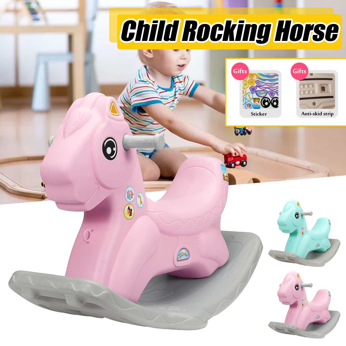 Rocking Horse Cute Ride On Animals rocking Chair Kids Toys Gifts Boys and Girls with Stickers