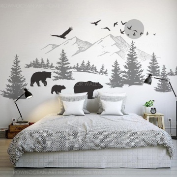 Mountain Landscape Wall Vinyl Sticker With Bear Family, Pine Tree Wall Art For Nursery Wallpaper DIY Murals 3907