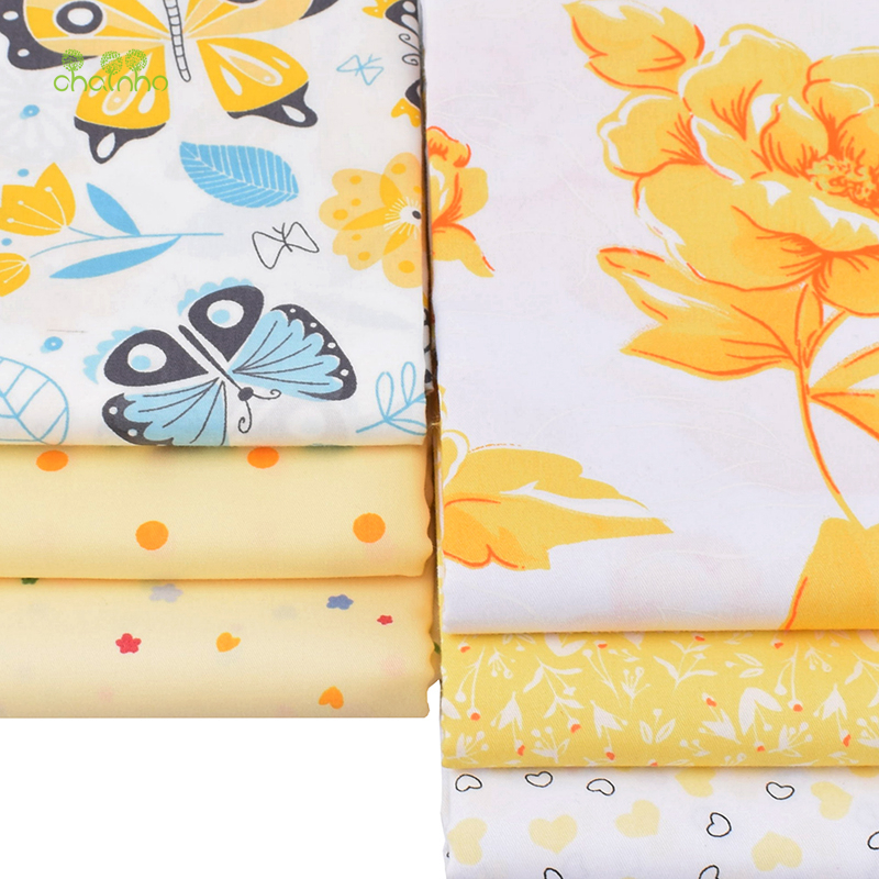 Chainho,6pcs Yellow Floral,Printed Twill Cotton Fabric,Patchwork Cloth,DIY Sewing&Quilting Fat Quarters Material For Baby&Child