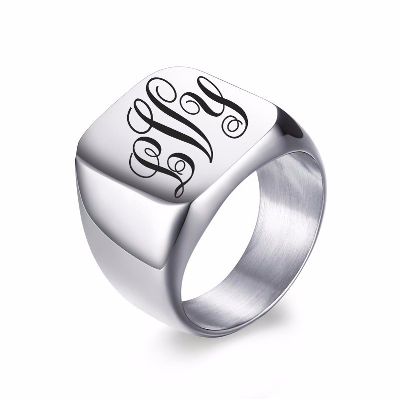 Personalized Laser Engraved Monogram Square Signet Ring for Men Stainless Steel Pinky Rings In