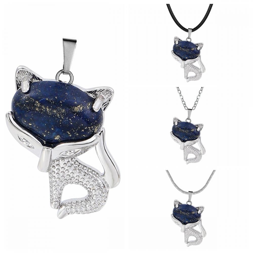 Lapis Lazuli Luck Fox Necklace for Women Men Healing Energy Crystal Amulet Animal Pendant Gemstone Jewelry Gifts