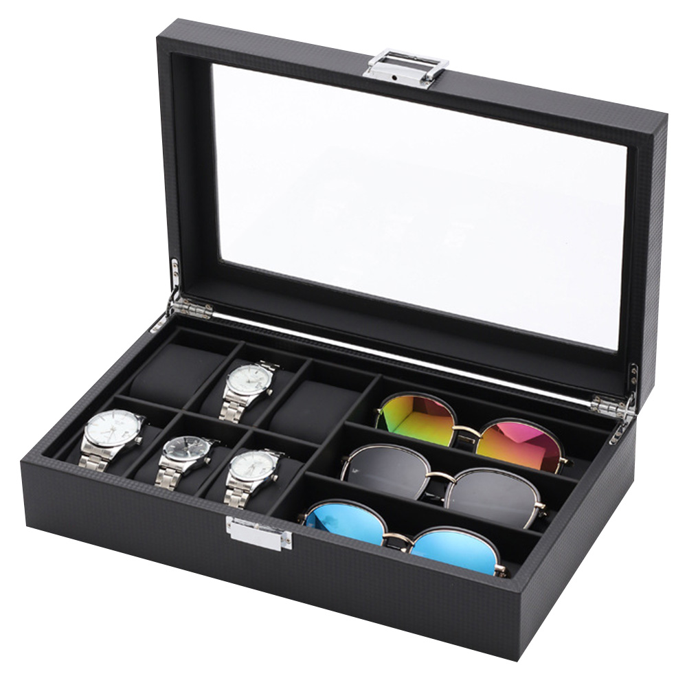Sunglasses Watch Jewelry Box 9Slots Watch Case for Man Women Glass mirror Carbon fiber leather 6+3Eyeglass Slots Storage Box D30