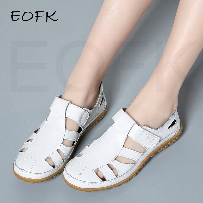 EOFK Summer Women Gladiator Sandals Ladies Hollow Casual Comfortable Soft Leather Skin Genuine Leather Flat Beach Sandals