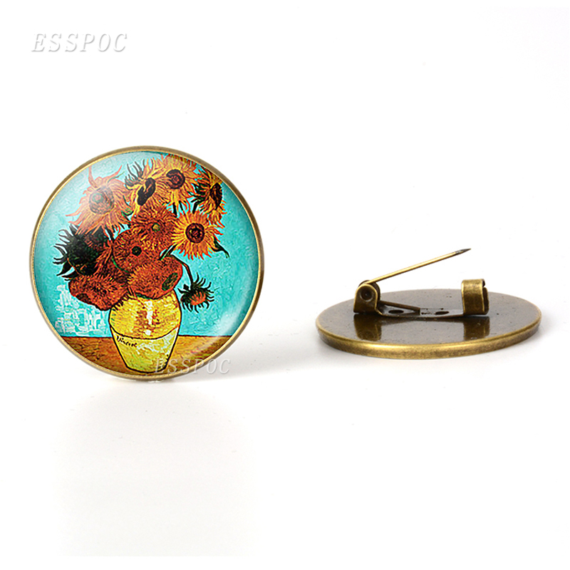 Van Gogh Famous Painting Brooch Sunflower Starry Night Picture Glass Cabochon Brooches Pins Vintage Bronze Copper Brooch Badge