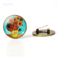 Van Gogh Famous Painting Brooch Sunflower Starry Night Picture Glass Cabochon Brooches Pins Vintage Bronze Copper Brooch Badge