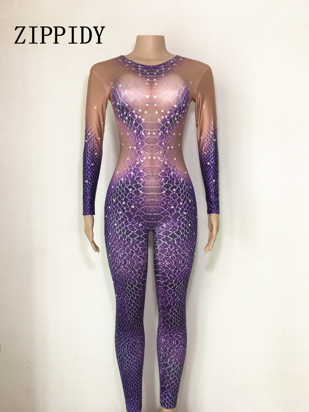 Purple Crystals Printed Snake Jumpsuit Party Stage Wear Sexy Rompers Costume Women's Performance Party Celebrate Bodysuit Outfit