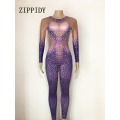 Purple Crystals Printed Snake Jumpsuit Party Stage Wear Sexy Rompers Costume Women's Performance Party Celebrate Bodysuit Outfit