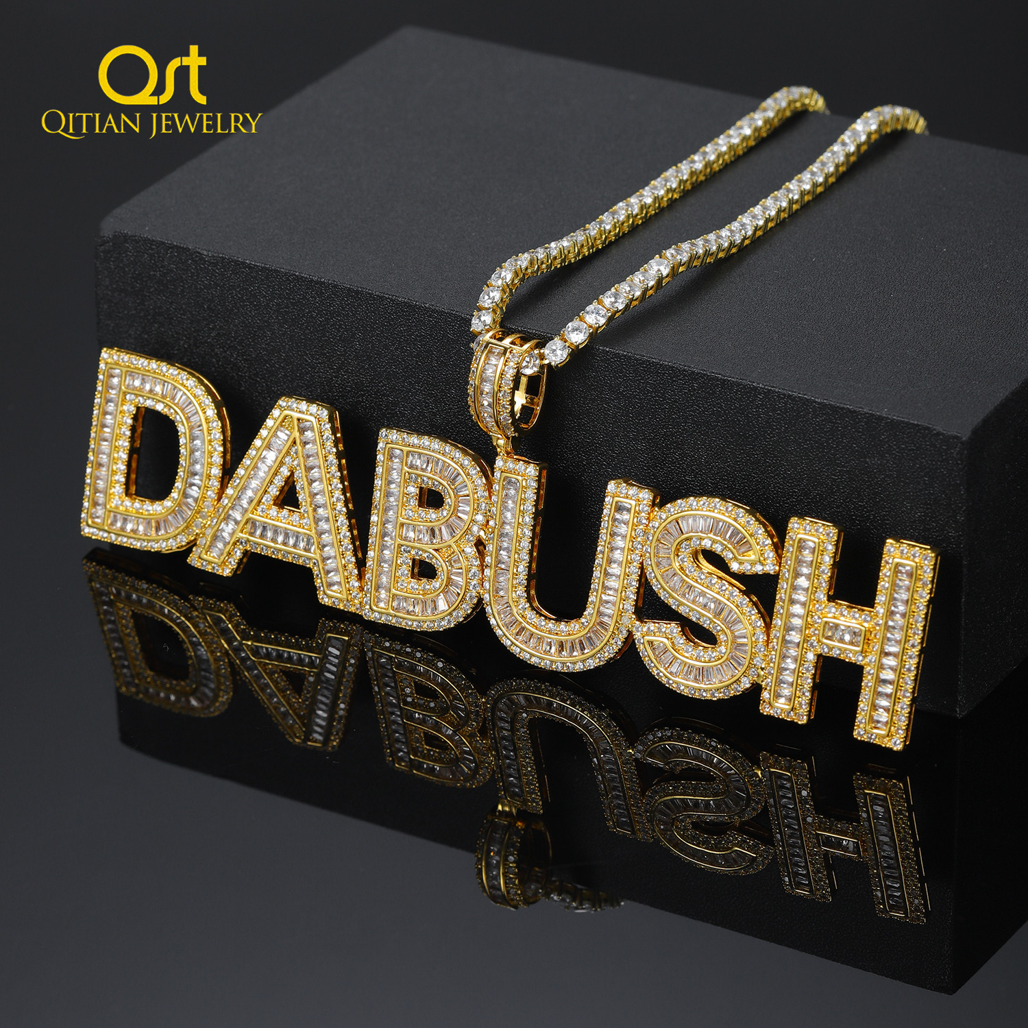 Customized Name Cubic Zircon Baguette Letters Hip Hop Pendant Necklaces Gold Silver Men's Jewelry with Tennis Chain for Gifts