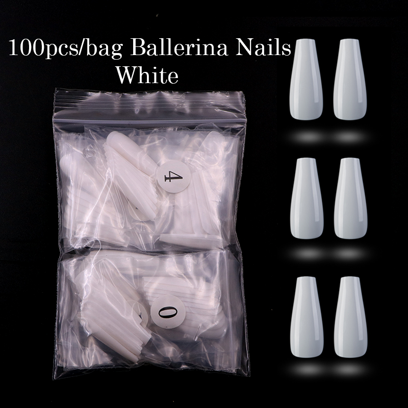 100pcs/500pcs opp Fake Nail Artificial Press on Long Ballerina Clear/Natural/white False Coffin Nails Art Tips Full Cover