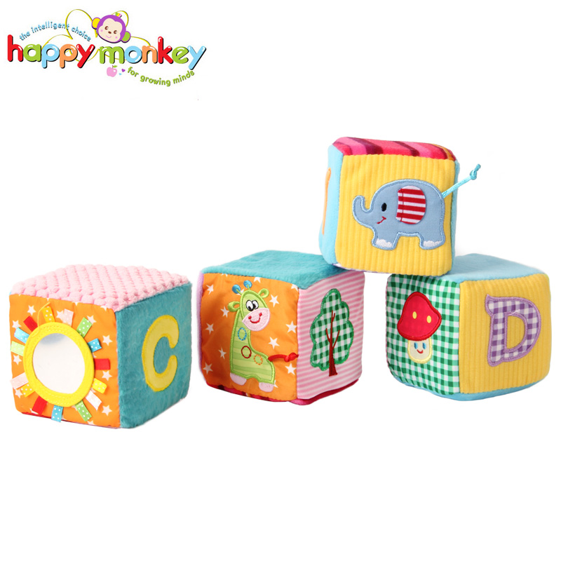 4 PCS Baby Soft Play Activity Block Grasp Cube Set Crinkle Rattle Bell Sound Educational Toys for Children Kids Newborn Gift