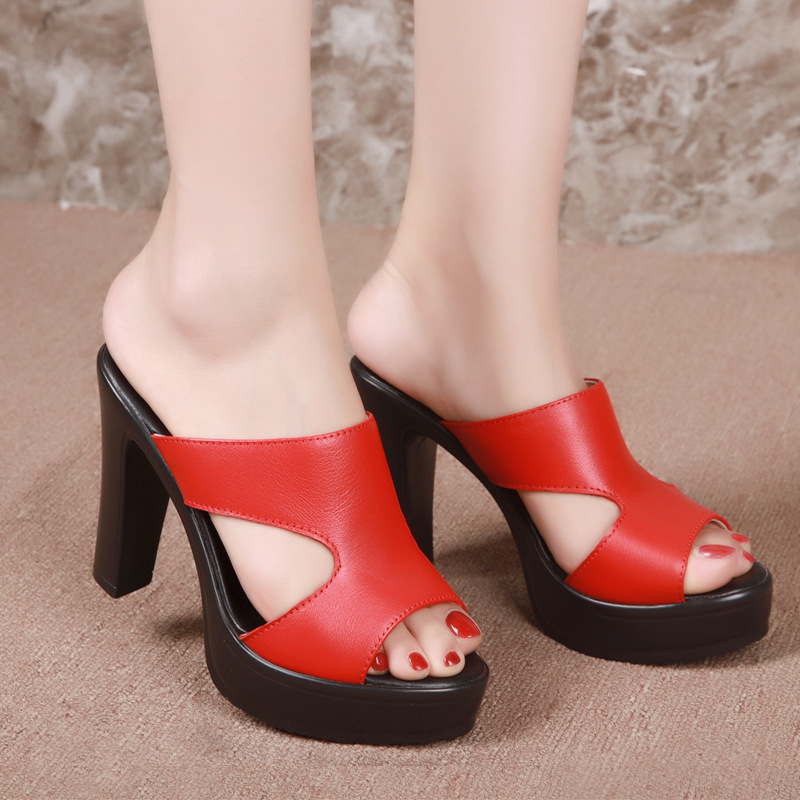 Plus Size 32-43 High Heels Slippers Women Platform Shoes Summer 2021 Block Heel Leather Slides Ladies Office Slippers