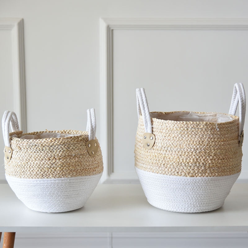 Nordic Handmade Straw Laundry Picnic Toy Storage Basket Macrame Woven Flower Pot Plant Container Planter Home Decoration