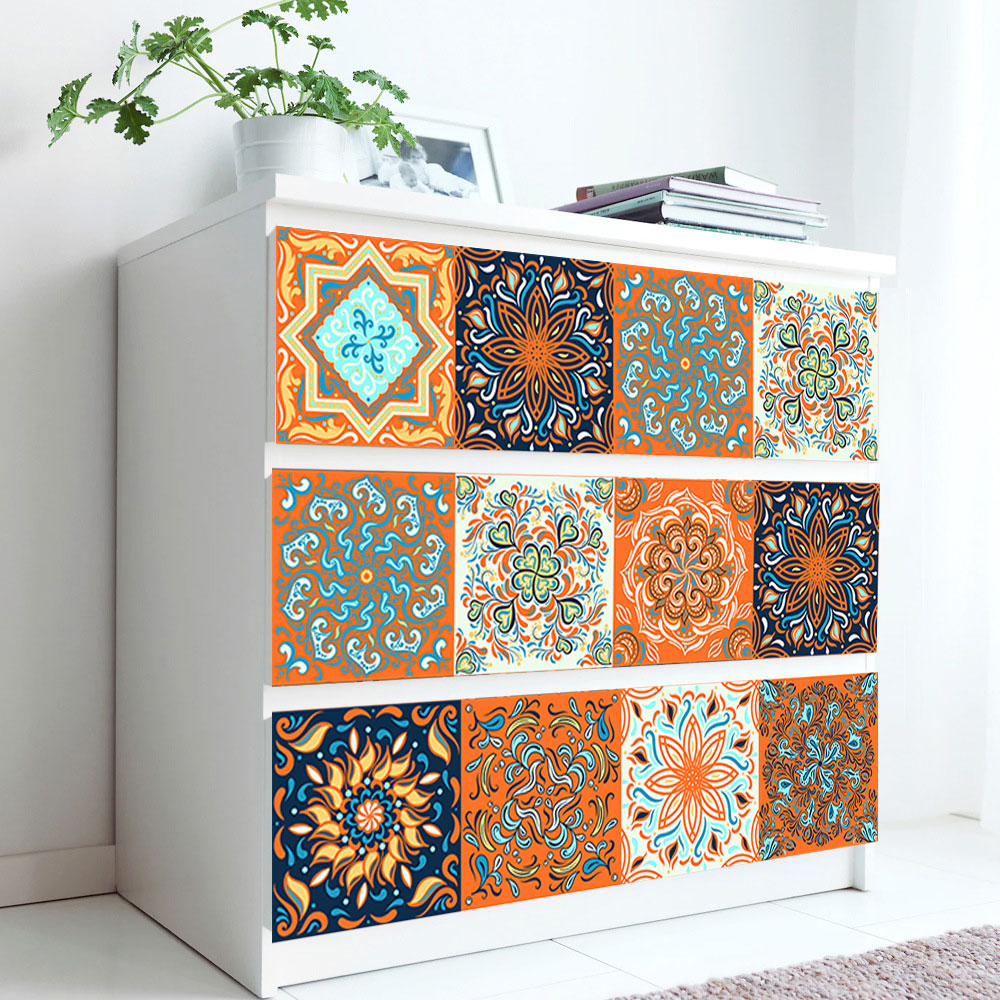 10pcs/set Orange Mandala Pattern Crystal Hard Tiles Wall Sticker Kitchen Wardrobe Home Decor Art Mural Peel & Stick Wallpaper