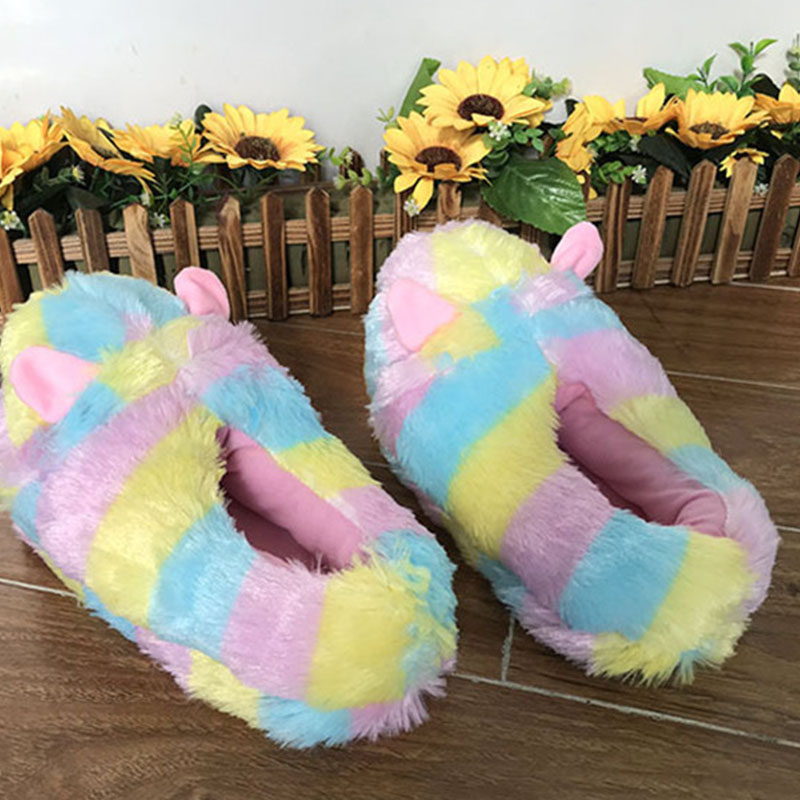 LIN KING New Cartoon Grass Mud Horse Women Winter Furry Slippers Colorful Striped Home Slippers Warm Non Slip House Floor Shoes