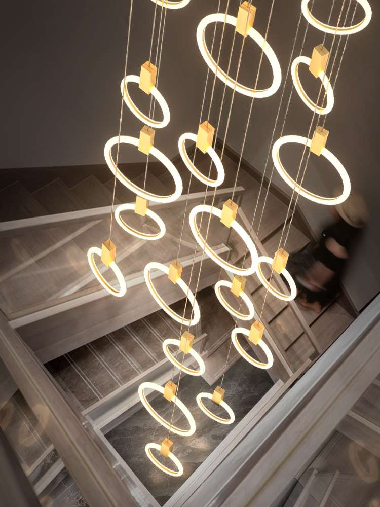 Nordic luxury black LED Spiral staircase long ring chandelier large hanging lamp modern villa lighting living room round fixture