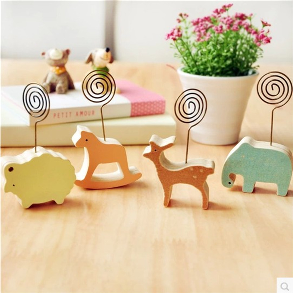 1pc Wood Stand Card Holder Ram Elephant Horse Deer Desktop Photo Memo Note Clip Kawaii Stationery Tickets Letter Paper Holders