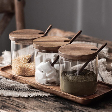 Seasoning storage Jar Glass Jar Spice Sugar Container Salt jars Condiment Pot Storage Container Storage Tank with Wood Lid (1pc)