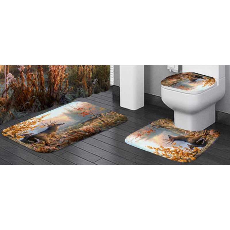 Autumn Forest Deer Bathroom Shower Curtain Bath Mat Toilet Cover Rug Decor Set Flannel + PVC Mesh Bottom