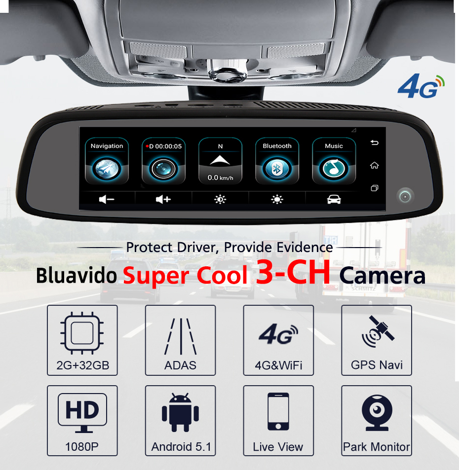 Bluavido 3 Cameras 4G Android 8" IPS car mirror video recorder GPS ADAS 2G RAM 32G ROM FHD 1080P Dashcam Rear view Mirror DVR