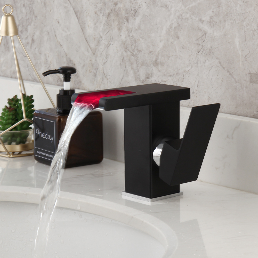 JIENI LED Waterfall Bathroom Basin Faucet Wash Sink Mixer Tap Faucet White & Black Deck Mount Solid Brass Water Power Basin Tap