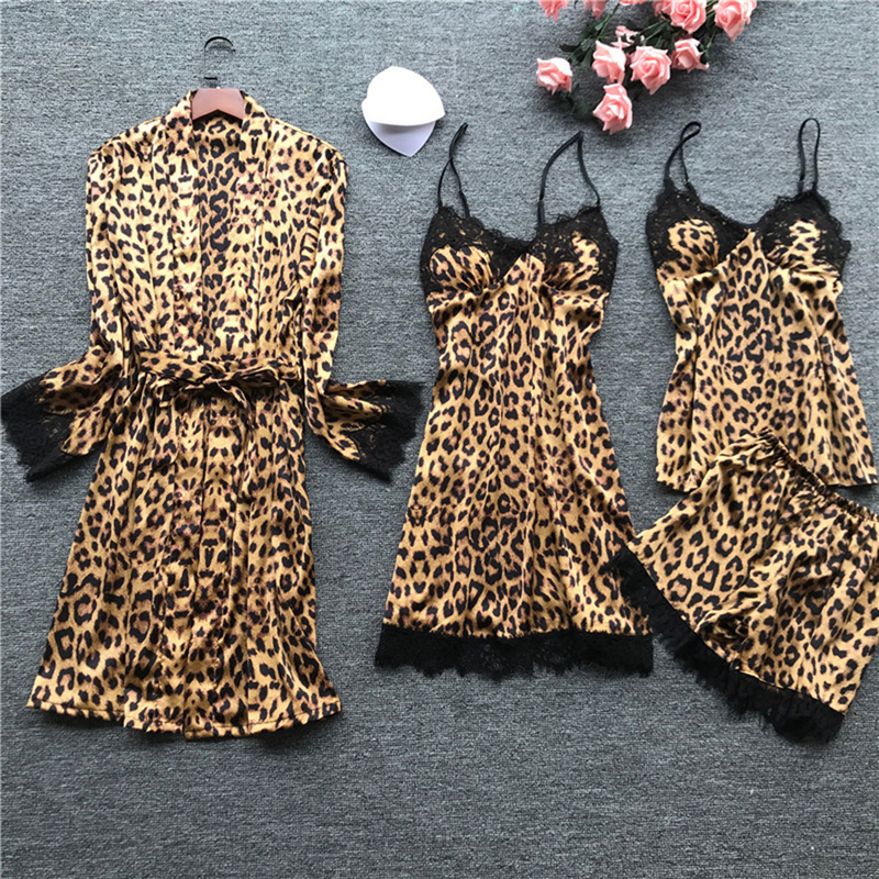 Sexy Lace Spaghetti Strap Satin Pajamas Sets Women Leopard Sleepwear Silk Home Wear Pijama Sleep Lounge Pyjama Nightwear