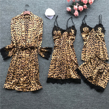 Sexy Lace Spaghetti Strap Satin Pajamas Sets Women Leopard Sleepwear Silk Home Wear Pijama Sleep Lounge Pyjama Nightwear