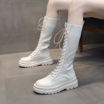 Women Sock Boots Autumn Lace up Mid Calf Boots Female High Platform Sock Shoes Fashion Beige Stockings Boots Mid-calf