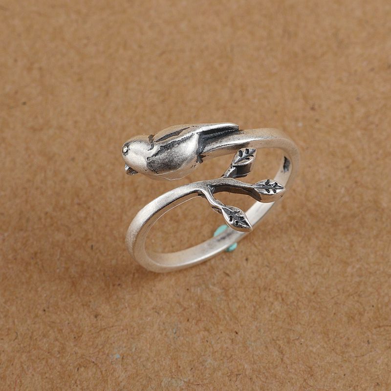 Buyee Real 925 Sterling Silver Animal Rings Women Literary Retro Bird and Leaf Fashion Rings for Women Fashion Party Jewelry