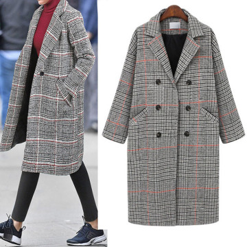 European Women's Autumn Winter Clothes New Retro Loose Thick Mid-length Plaid Woolen Coat Women Houndstooth Blends Trench Parkas