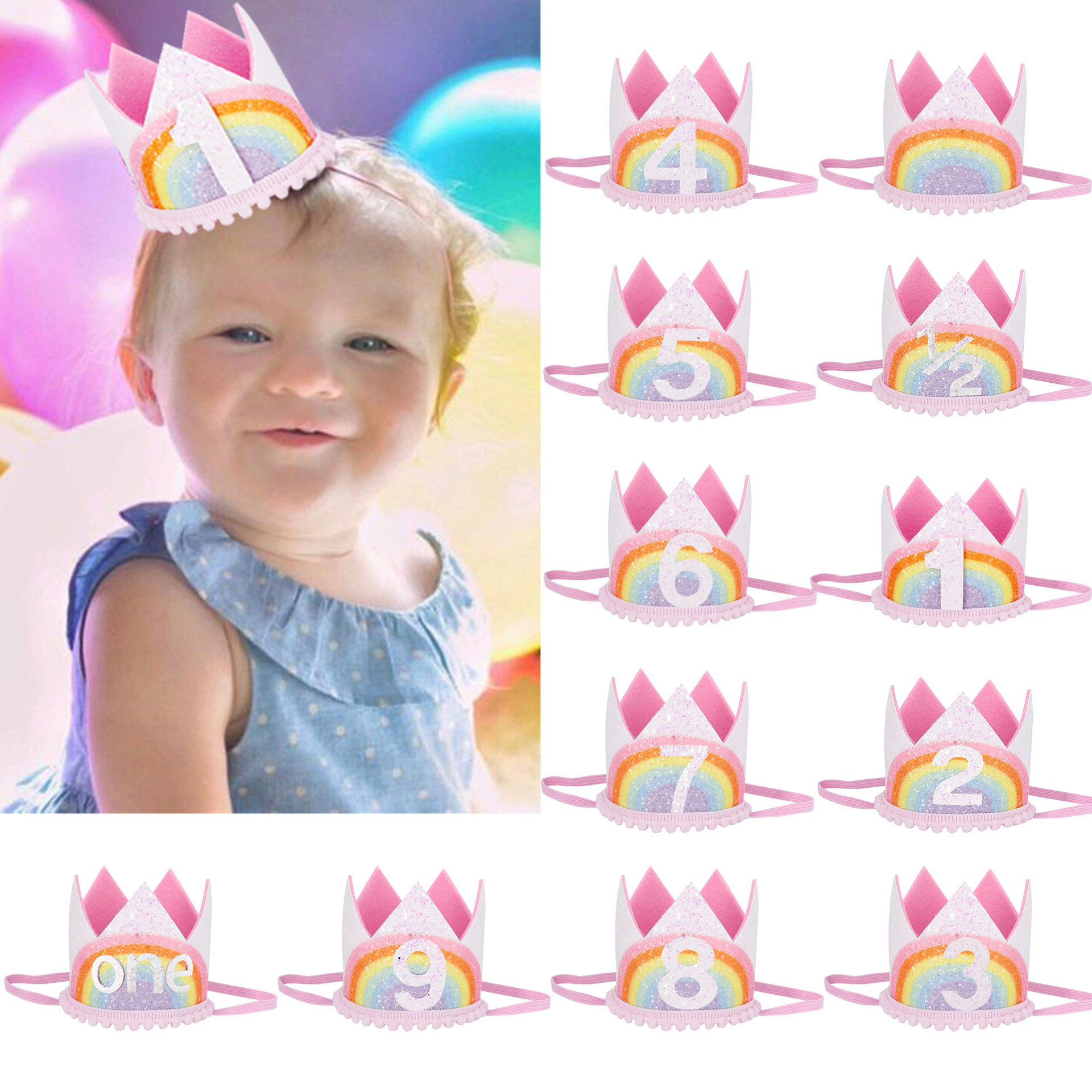 0-9 Rainbow Birthday Crown Party Hats Boy Girl Kids One Year Princess Crown Headband Baby Shower 1st Birthday Decor Party Supply