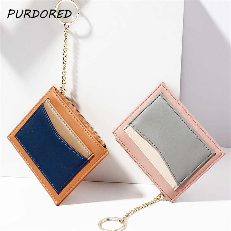 PURDORED 1 Pc Mini Card Holder Keychain Multi-card Zipper Women Card ID Holders Package Female Slim Wallet for Cards Porte Carte