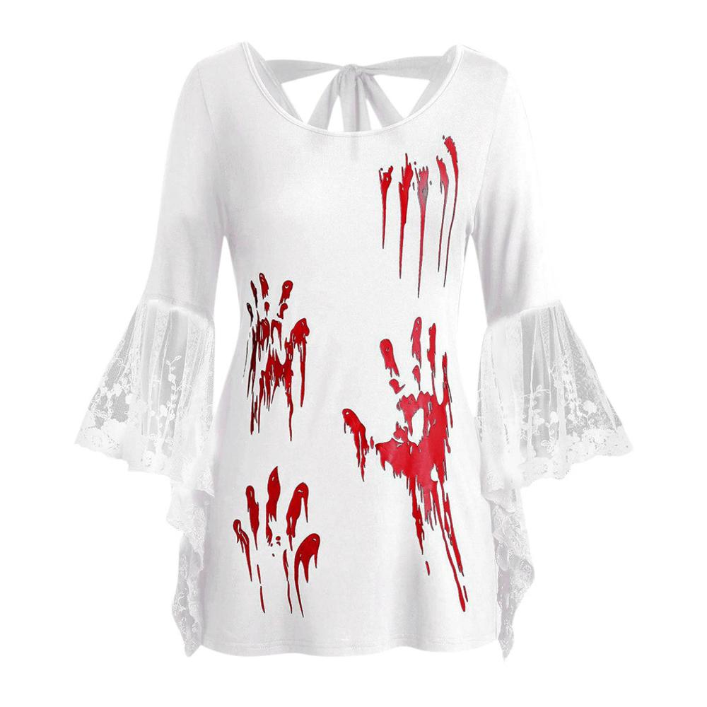 Women sexy costumes Plus Size Halloween Lace Flare Sleeve Blood Hands Print Back Knotted Top medieval dress Angel wings #7
