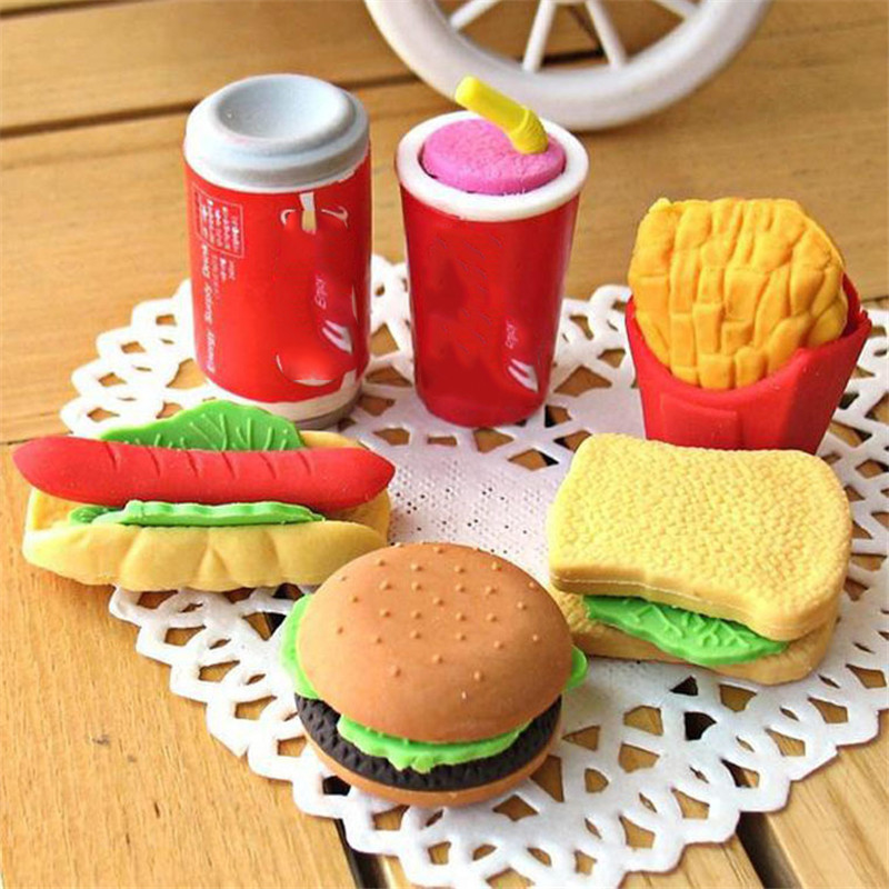 5 Styles Cute Pencil Eraser Novelty French Fries Hot Dog Hamburger Food Colorful Rubber Eraser Stationery Correction Supplies