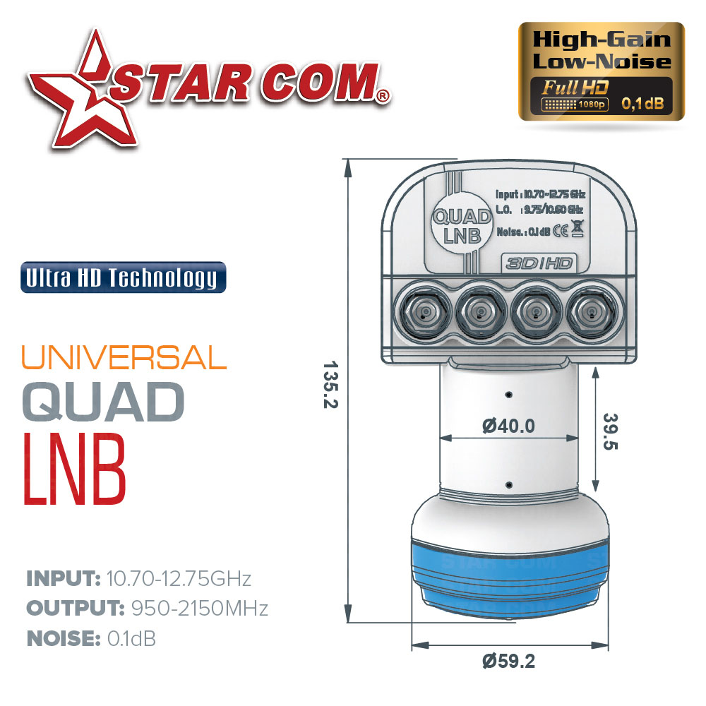 10pcs STAR COM LNB For Satellite TV Receiver KU BAND Universal Quad LNB Low Noise Figure 0.1dB LNBF Linear Polarization LNB