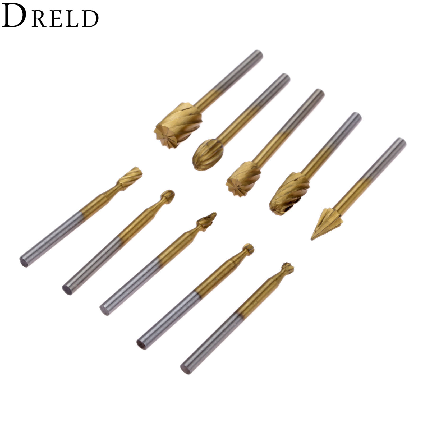 DRELD 10pcs HSS Wood Router Bits Burr File Grinding Engraving Milling Cutter For Dremel Rotary Tool 3mm Shank Woodwoking Tools