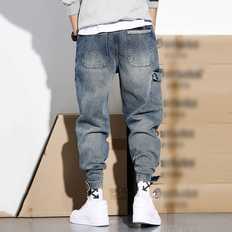 Japanese Style Fashion Men Jeans Retro Blue Loose Fit High Quality Cargo Pants Harem Trousers Streetwear Hip Hop Jeans Men