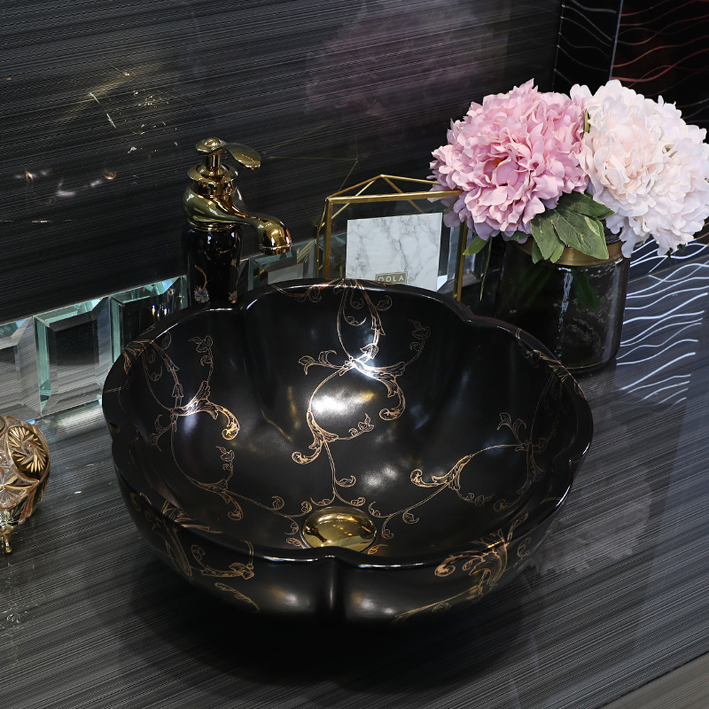 Flower shape Jingdezhen factory directly ceramic hand painted hand wash basin bathroom sinks black with gold pattern LO613424