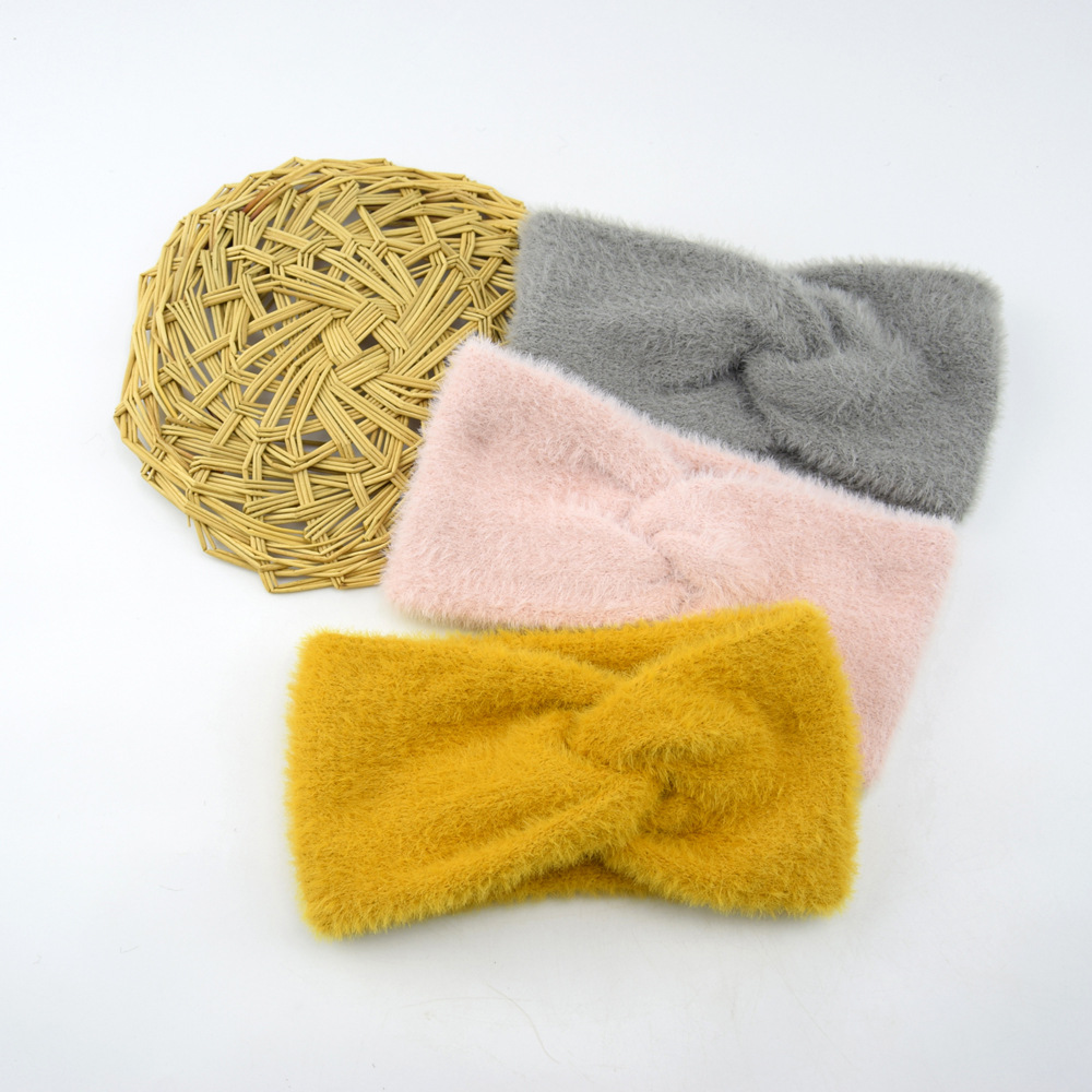 Winter Plush Cross Mink Fur Headbands Turbans For Women Solid Warm Fluffy Bow Knot Hairbands Ear Warmer Ladies Hair Accessories