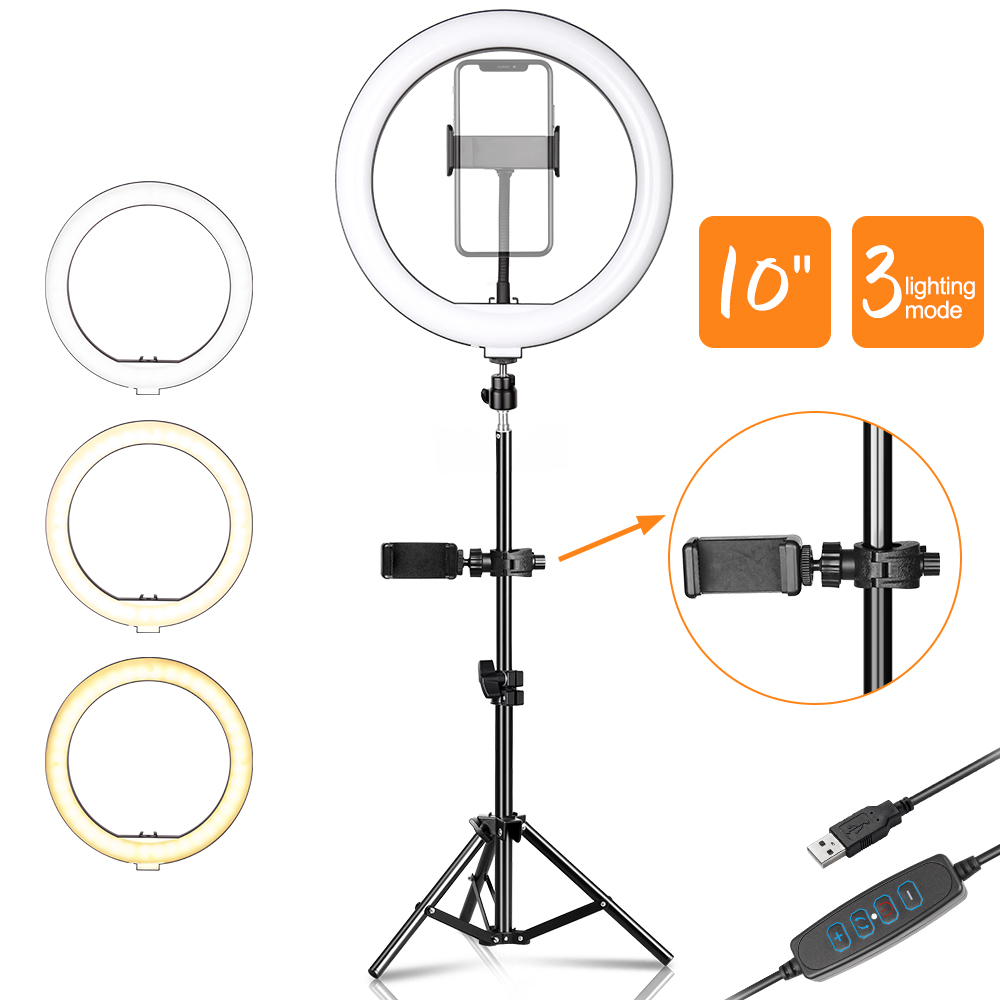 10inch LED Video Ring Light Selfie Lamp With Phone Clip And Tripod Stand For YouTube Live Lighting Shooting Photography Studio